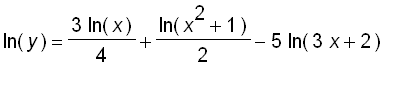 ln(y) = 3/4*ln(x)+ln(x^2+1)/2-5*ln(3*x+2)