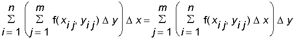 sum(sum(f(x[i*j],y[i*j])*Delta*y,j = 1 .. m)*Delta*x,i = 1 .. n) = sum(sum(f(x[i*j],y[i*j])*Delta*x,i = 1 .. n)*Delta*y,j = 1 .. m)