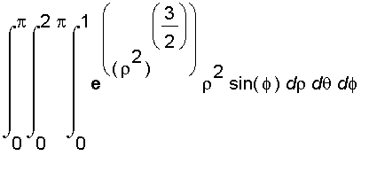 int(int(int(exp((rho^2)^(3/2))*rho^2*sin(phi),rho = 0 .. 1),theta = 0 .. 2*Pi),phi = 0 .. Pi)