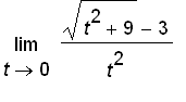 limit((sqrt(t^2+9)-3)/(t^2),t = 0)
