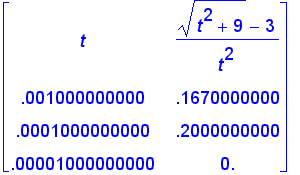 matrix([[t, (sqrt(t^2+9)-3)/t^2], [.1000000000e-2, ...