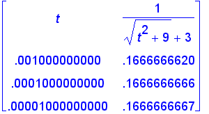 matrix([[t, 1/(sqrt(t^2+9)+3)], [.1000000000e-2, .1...