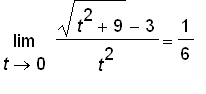 limit((sqrt(t^2+9)-3)/(t^2),t = 0) = 1/6