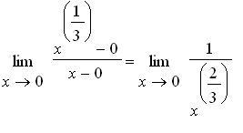 limit((x^(1/3)-0)/(x-0),x = 0) = limit(1/(x^(2/3)),...