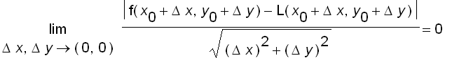 limit(abs(f(x[0]+Delta*x,y[0]+Delta*y)-L(x[0]+Delta...