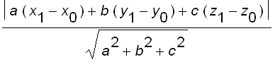 abs(a*(x[1]-x[0])+b*(y[1]-y[0])+c*(z[1]-z[0]))/sqrt...