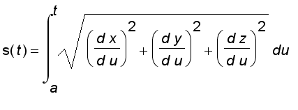 s(t) = int(sqrt((d*x/(d*u))^2+(d*y/(d*u))^2+(d*z/(d...