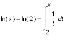 ln(x)-ln(2) = int(1/t,t = 2 .. x)