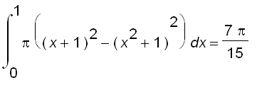 int(Pi*((x+1)^2-(x^2+1)^2),x = 0 .. 1) = 7*Pi/15